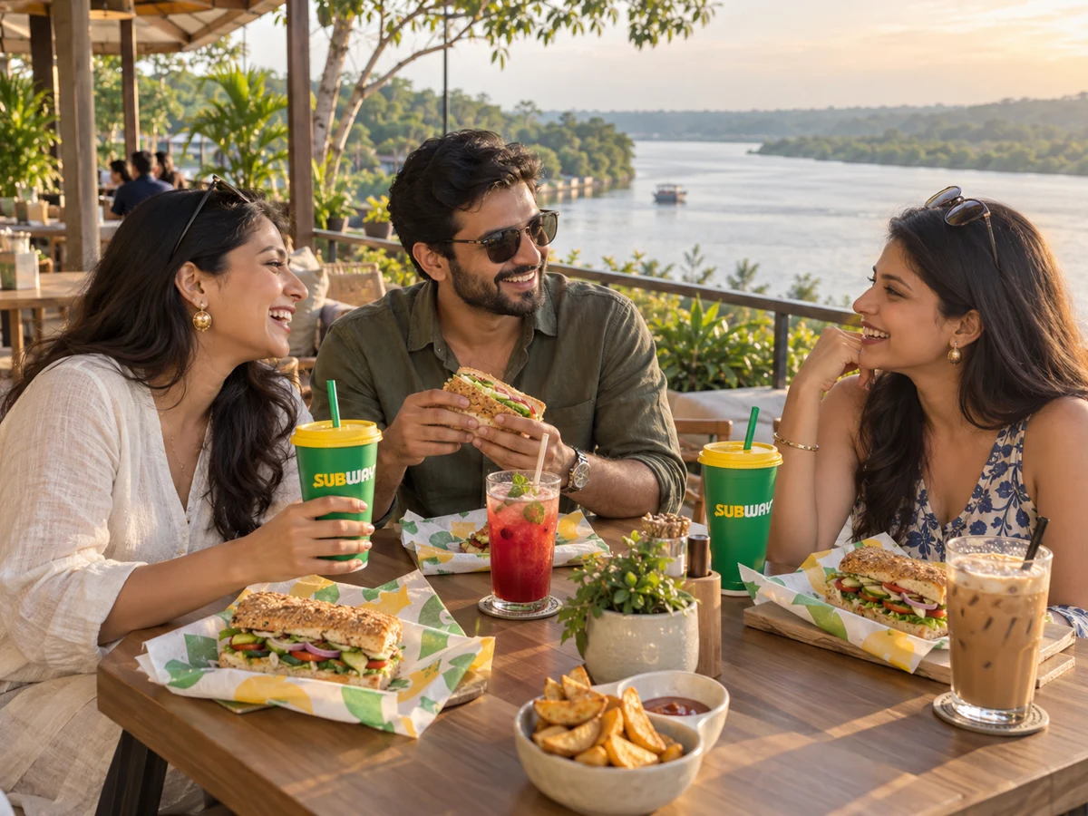 Friends enjoying sandwiches and drinks beside a river — illustrative lifestyle scene